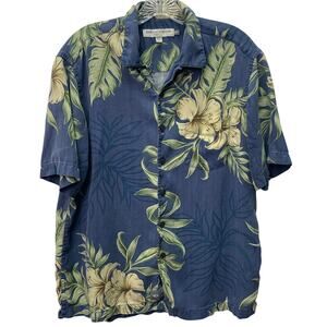 Vintage Quicksilver Mens Medium Blue Hibicus Floral 100% Silk Shirt Button Up